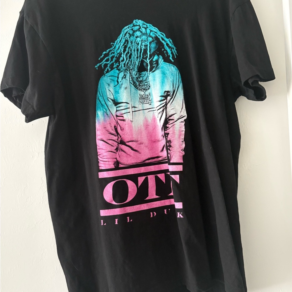 Black Graphic Tee with Pink and Blue Design